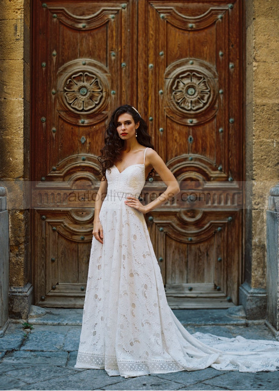 Spaghetti Straps Ivory Lace Long Wedding Dress